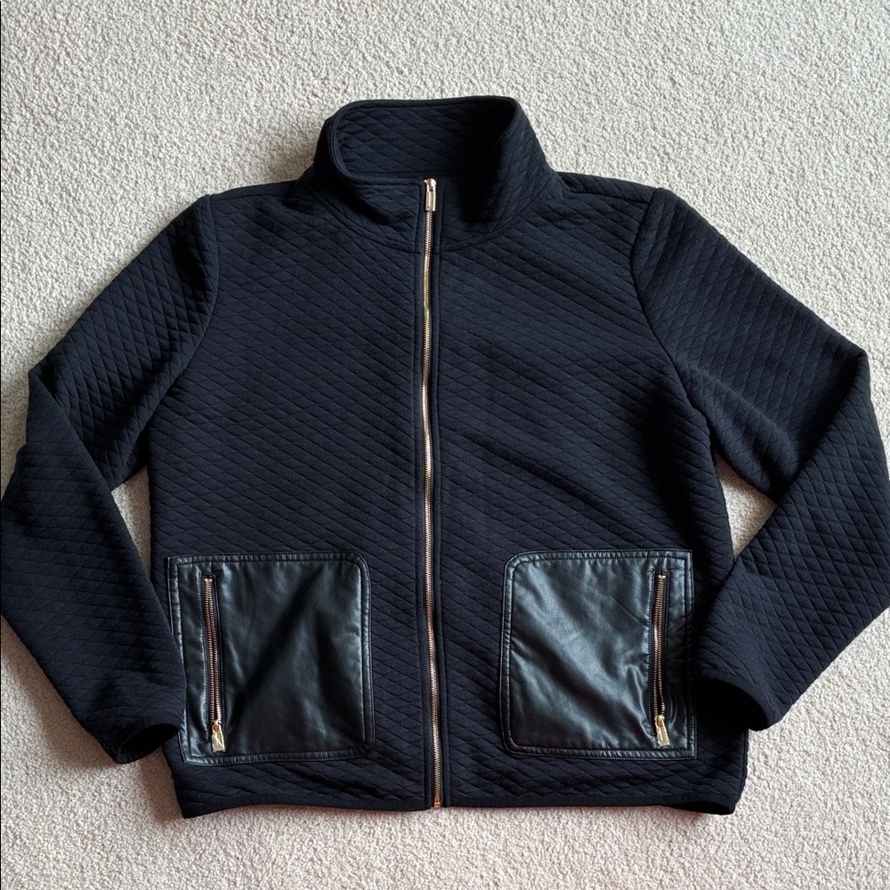 Black Quilted Zip Up with Leather Accents